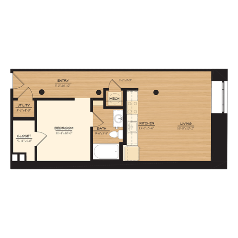 Floor plan for 1 bed, 1 bath, 661 sqft